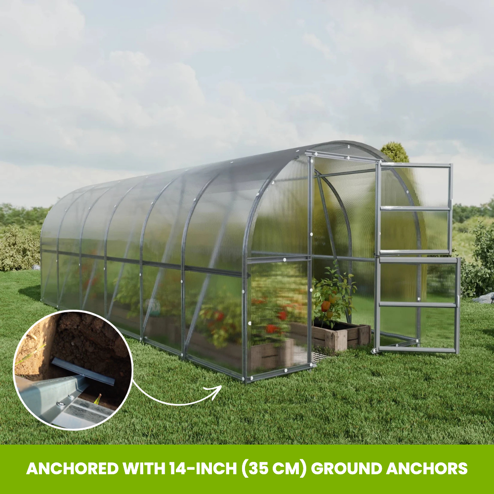 The Classic greenhouse anchored with 14 in ground anchors
