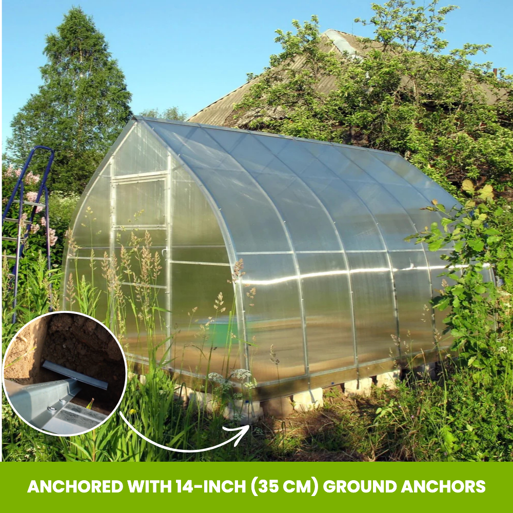 The Compact greenhouse anchored with 14 in ground anchors