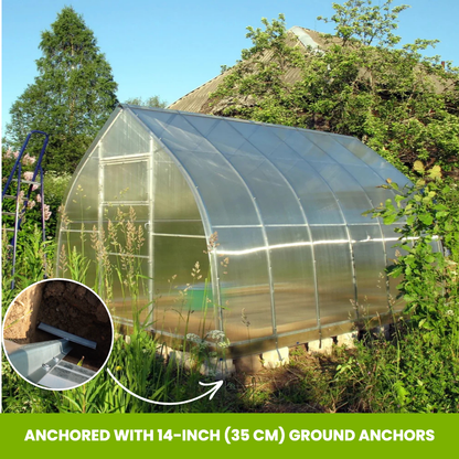 The Compact greenhouse anchored with 14 in ground anchors