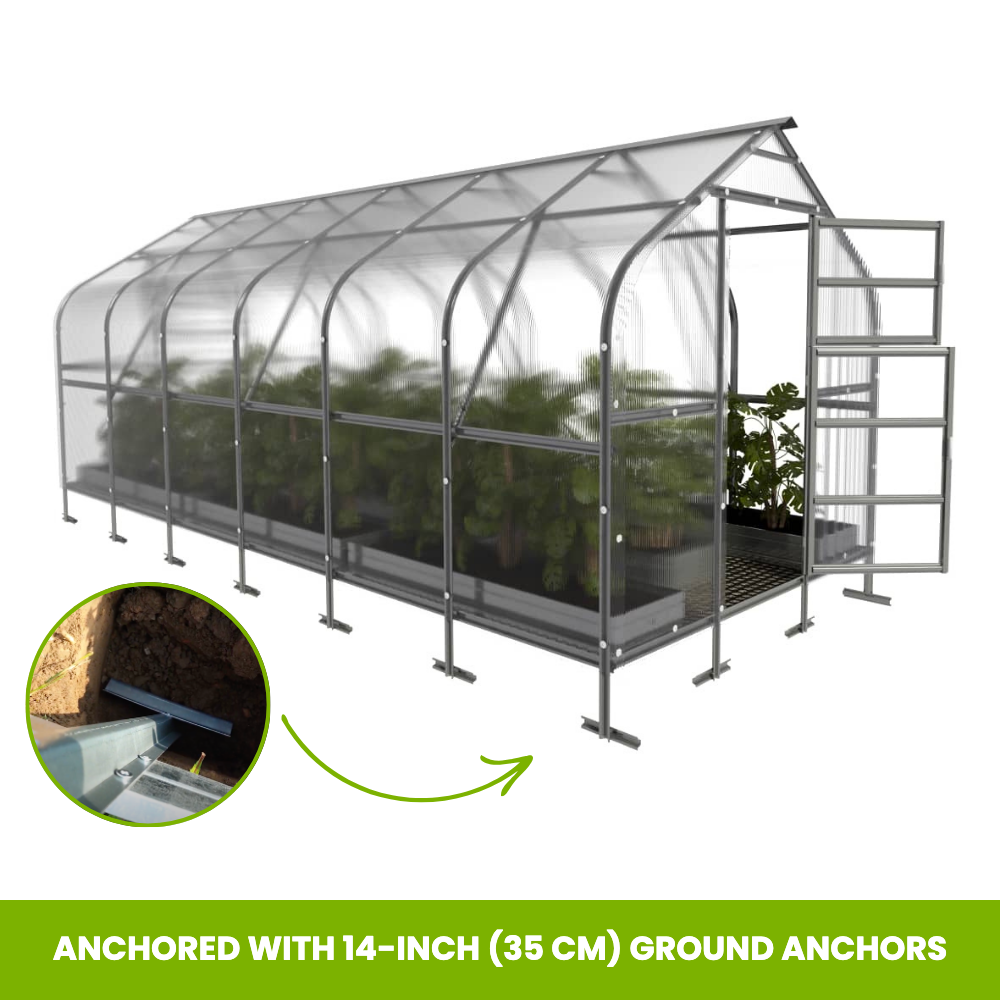 The Elegant greenhouse anchored with 14 in ground anchors