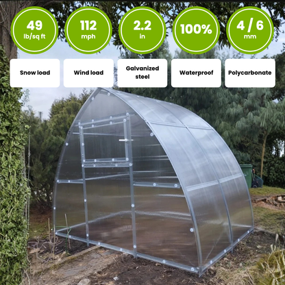 The Compact: snow load 49 lb/sq ft, wind load 112 mph, 2.2 in galvanized steel profiles, waterproof, 4 or 6 mm polycarbonate