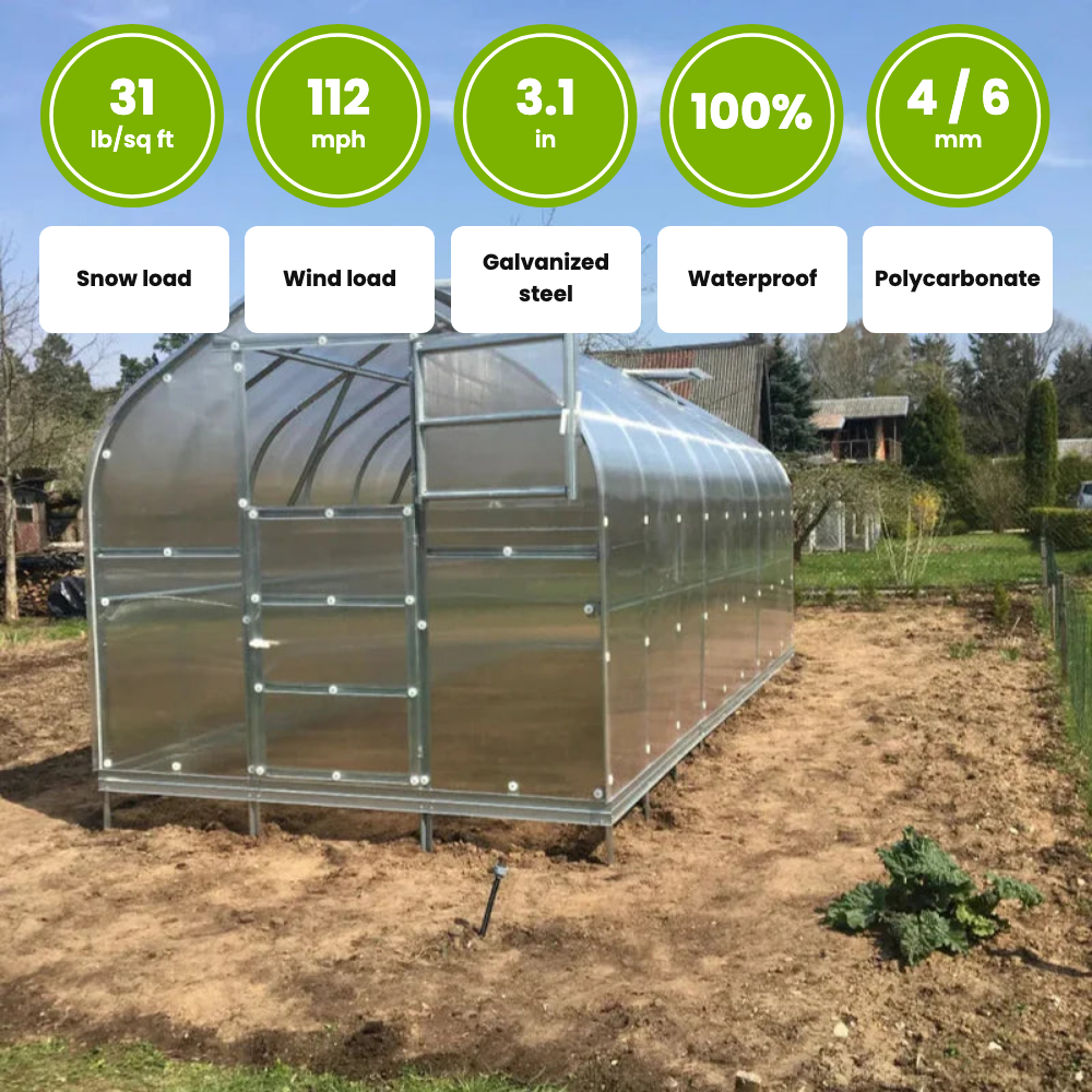 The Elegant: snow load 31 lb/sq ft, wind load 112 mph, 3.1 in galvanized steel profiles, waterproof, 4 or 6 mm polycarbonate