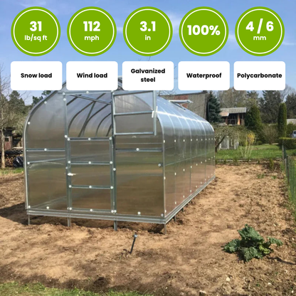 The Elegant: snow load 31 lb/sq ft, wind load 112 mph, 3.1 in galvanized steel profiles, waterproof, 4 or 6 mm polycarbonate