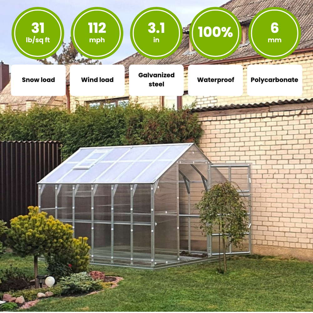 The Family: snow load 31 lb/sq ft, wind load 112 mph, 3.1 in galvanized steel profiles, waterproof, 6 mm polycarbonate